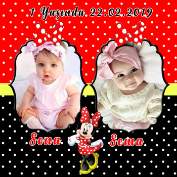 Kırmızı İkiz Minnie Temalı Doğum Günü   Kare Parti Afiş