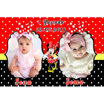 Kırmızı İkiz Minnie Temalı Doğum Günü Plastik Magnet