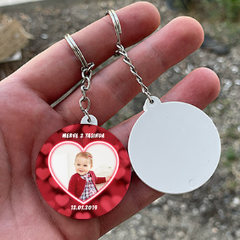 Kırmızı Kalp Temalı Resimli Daire Plastik Anahtarlık