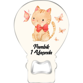 Kırmızı Kurdeleli Kedi Temalı Balon Ahşap Magnet 