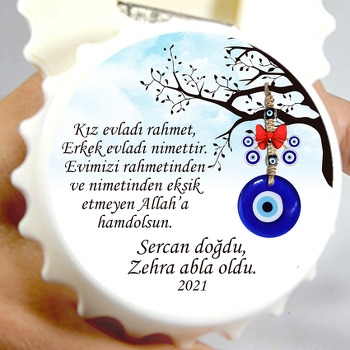 Kırmızı Kurdeleli Nazar Boncuğu ile Ağaç Dalları Temalı Magnet Açacak