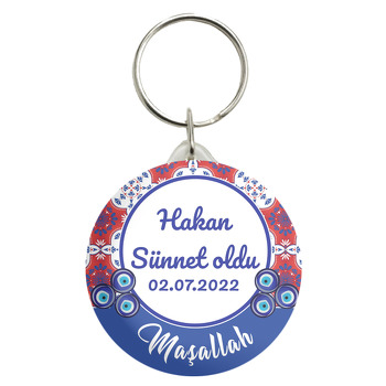 Kırmızı Mavi Çini Desende Nazar Boncuğu ile Sünnet Temalı Anahtarlık