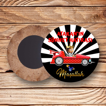 Kırmızı Puantiye Arabalı Sünnet Çocuğu Temalı Daire Ahşap Magnet