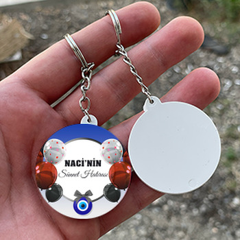 Kırmızı Siyah Balonlarla Siyah Çerçeve ile Sünnet Hatırası Temalı Daire Plastik Doğum Günü Anahtarlık