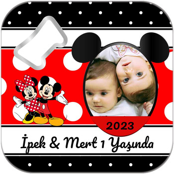 Kırmızı Siyah Mickey İkiz Temalı Kare Magnet Açacak