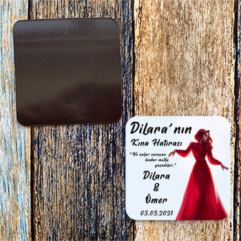 Kırmızı Tül Elbiseli Gelin ile Kına Hatırası Temalı Kare Magnet