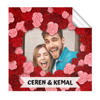 Kırmızı ve Pembe Gül Desen Temalı Kare Etiket