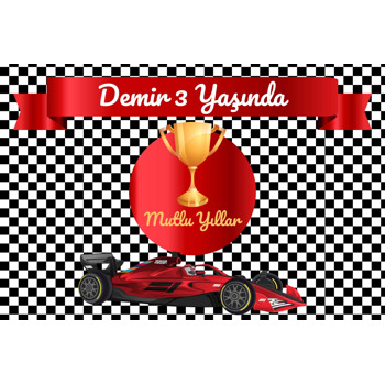 Kırmızı Yarış Arabası ile Kupa Temalı Doğum Günü Afiş