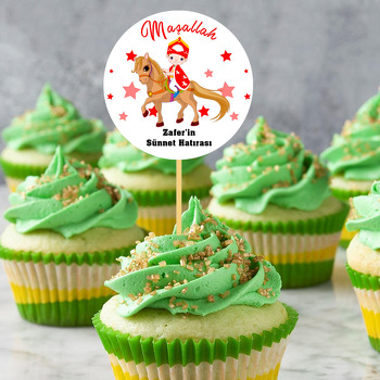 Kırmızı Yıldızlarla Sünnet Çocuğu ile Atı Temalı Parti Kürdan Süs