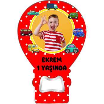 Kırmızı Zeminli Araba Çerçeveli Temalı Balon Ahşap Magnet 
