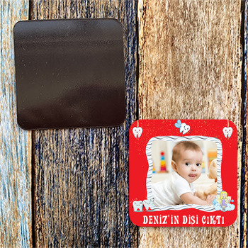 Kırmızı Zeminli Diş Temalı Resimli Kare Magnet
