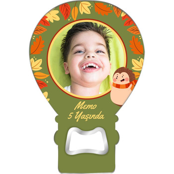 Kirpi ile Sonbahar Yaprakları Temalı Balon Ahşap Magnet 