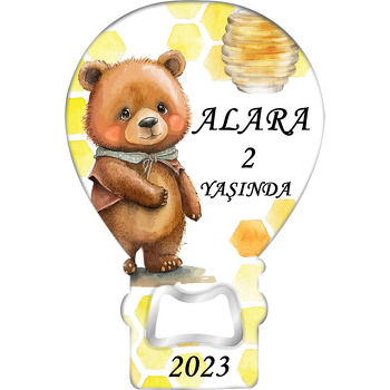 Kıyafetli Ayıcık ile Petek Fon Temalı Balon Ahşap Magnet 