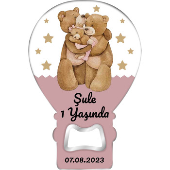 Kız Bebek Ayı ile Ailesi Temalı Balon Ahşap Magnet 