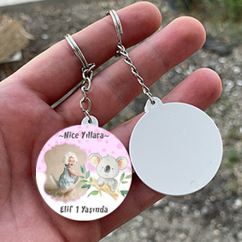 Koala Pembe Fon Temalı Daire Plastik Anahtarlık