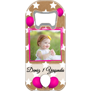 Kraft Kağıt Fonda Beyaz Yıldızlar ve Pembe Balonlar Temalı Uzun Magnet Açacak