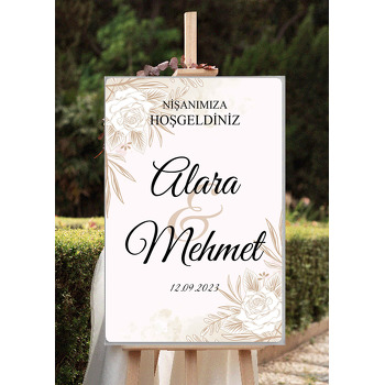Krem Beyaz Çizgisel Güller Temalı Söz Nişan Nikah Dekota Karşılama Panosu