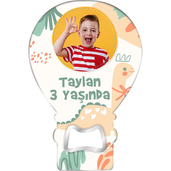 Krem Dinazor ile Yapraklar Temalı Balon Ahşap Magnet 