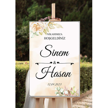Krem Fonda Beyaz Gül Temalı Söz Nişan Nikah Dekota Karşılama Panosu