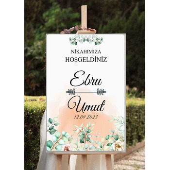 Krem Güller ile Defne Yaprakları Temalı Söz Nişan Nikah Dekota Karşılama Panosu