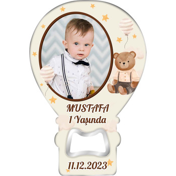 Krem Puantiye Balonlu Ayıcık ile Bulutlar ve Yıldızlar Temalı Balon  Ahşap Magnet