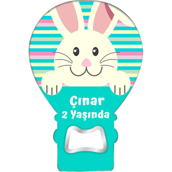 Krem Tavşan ile Yeşil Fon Temalı Balon Ahşap Magnet 