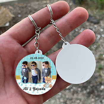 Kristal Taçlı Ayıcık Temalı Daire Plastik Anahtarlık