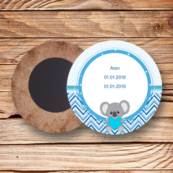 Koala Mavi Temalı Ahşap Daire Magnet