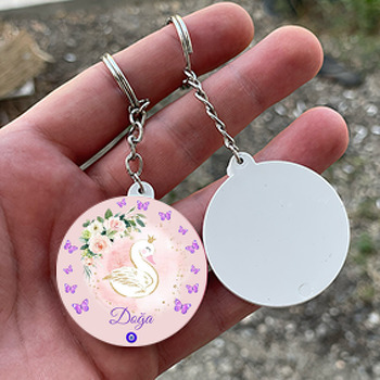 Kuğu Kelebekler ve Nazar Boncuğu Temalı Daire Plastik Doğum Günü Anahtarlık