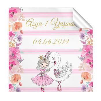 Kuğu ve Prenses Temalı Doğum Günü  Kare Etiket