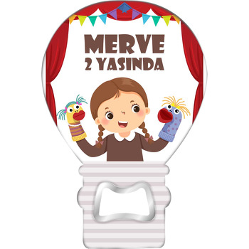 Kukla Gösterisi ile Kırmızı Tiyatro Perdesi Temalı Balon Ahşap Magnet 
