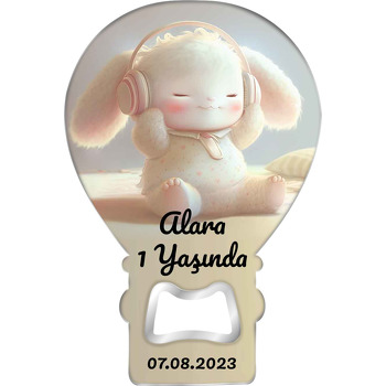Kulaklıklı Beyaz Tavşan Temalı Balon Ahşap Magnet 