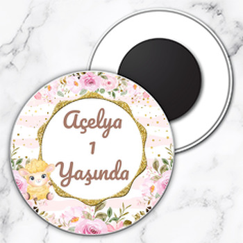 Kuzu Pembe Çizgili Temalı Daire Plastik Doğum Günü Magnet