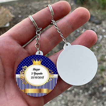 Lacivert Beyaz Gold Çerçeveli Temalı Daire Plastik Anahtarlık