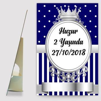 Lacivert Beyaz Gümüş Çerçeveli Temalı Ayaklı Ahşap Pano