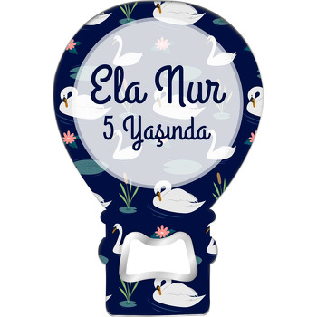 Lacivert Fonda Beyaz Kuğu Desen Temalı Balon Ahşap Magnet 