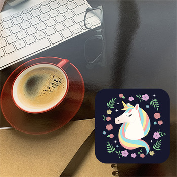 Lacivert Fonda Unicorn Temalı Bardak Altlığı