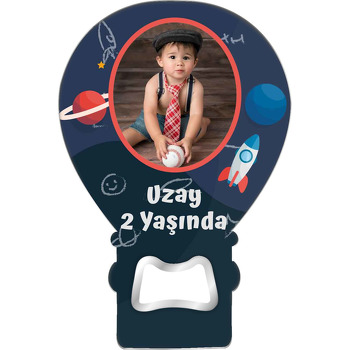 Lacivert Fonda Uzay Gemisi ve Gezegenler Temalı Balon Ahşap Magnet 