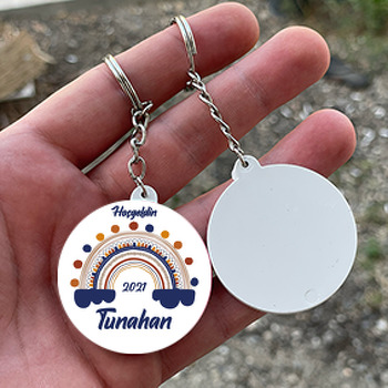 Lacivert ile Pastel Tonlarda Gökkuşağı Temalı Daire Plastik Anahtarlık