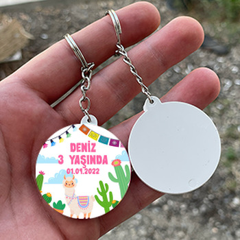 Lama ile Kaktüsler Temalı Daire Plastik Doğum Günü Anahtarlık