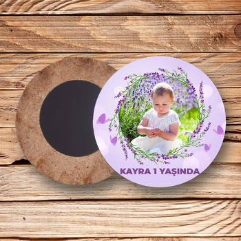 Lavanta Çerçeve ile Lila Fon Temalı Daire Ahşap Magnet
