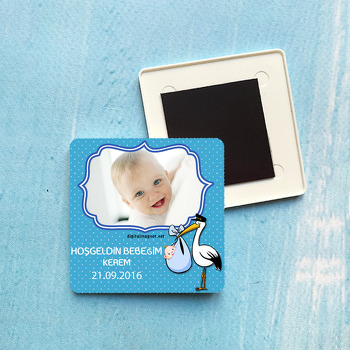 Leylekli Hoşgeldin Erkek Bebek Plastik Kare Magnet