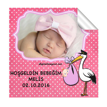 Leylekli Hoşgeldin Kız Bebek  Kare Etiket