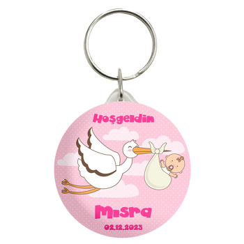 Leylekte Bebek ile Pembe Fon Temalı Anahtarlık
