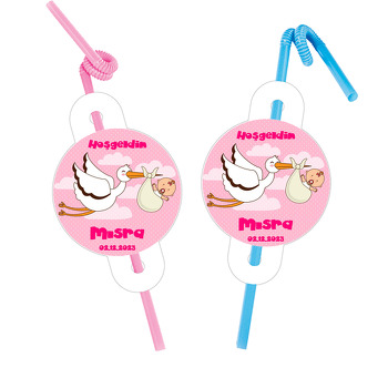 Leylekte Bebek ile Pembe Fon Temalı Pipet ve Kartı