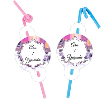 Lila Çiçek Desen Temalı Pipet ve Kartı