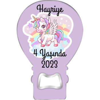 Lila Fonda Mavi Gözlü Unicorn Temalı Balon Ahşap Magnet 