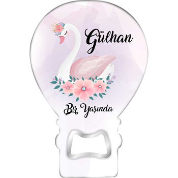 Lila Fonda Pembe Çiçek Taçlı Kuğu Temalı Balon Ahşap Magnet 