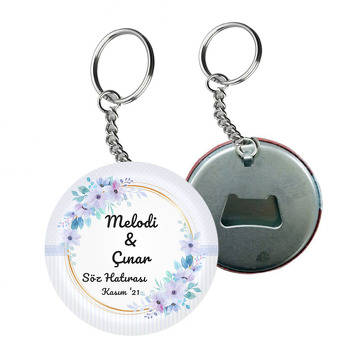 Lila ile Mavi Çiçekler ile Puantiye Fon Temalı Arkası Açacak Anahtarlık