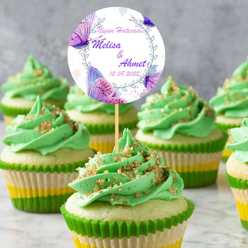 Lila Mor Kelebekler Yaprak Çerçeve Temalı Parti Kürdan Süs